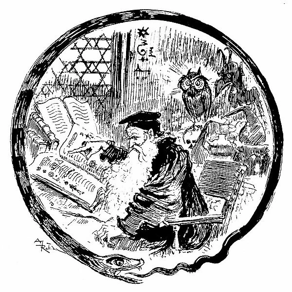 Alchemist consulting his grimoires (magical - cabalistic formulas) under the eyes of an owl and a demon - the frame of the image is shaped by a snake bites its tail - Lettrine forming the letter O - illustration by Albert Robida (1848-1926)
