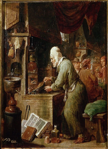 The alchemist (oil on panel, 17th century)