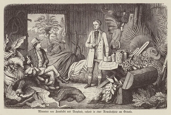 Alexander von Humboldt and Aime Bonpland during their exploration of the Orinoco River, South America, 1800 (engraving)