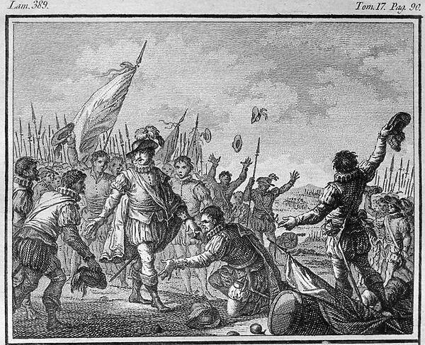 Alfonso I Enriquez is proclaimed king of Portugal after the defeat of the arabs at Ourique in 1139 (engraving)
