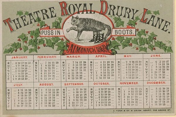 Almanack of 1869, issued by the Theatre Royal Drury Lane (coloured engraving)