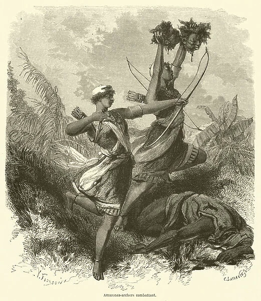 Amazones-archers combattant (engraving)