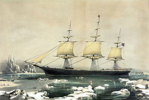 American clipper ship 'Red Jacket' in the ice off Cape Horn, on her passage from Australia to Liverpool, England, August 1854. Currier & Ives print c1855. Transport Marine Sail Square Rig Speed Trade Sea Antarctic Iceberg Penguin