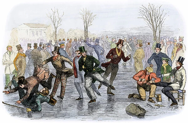 American daily life: leisure and activities of Christmas holidays, skating scene on a gele lake in Boston, Massachusetts, circa 1800. Colour engraving, 19th century
