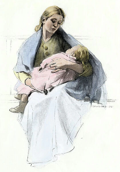 American immigration: mother with her child, recently arrived in New York City, around 1890. Colour engraving, based on a drawing by Louis Loeb, 19th century