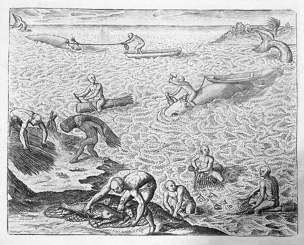 American Indian method of whaling, from an account by Jose de Acosta