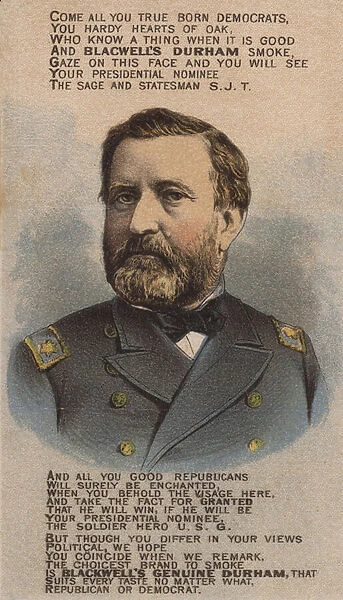 American soldier and politician Ulyssess Grant, trade card advertising Blackwell Durham Bull Tobacco, 1870s (colour litho)
