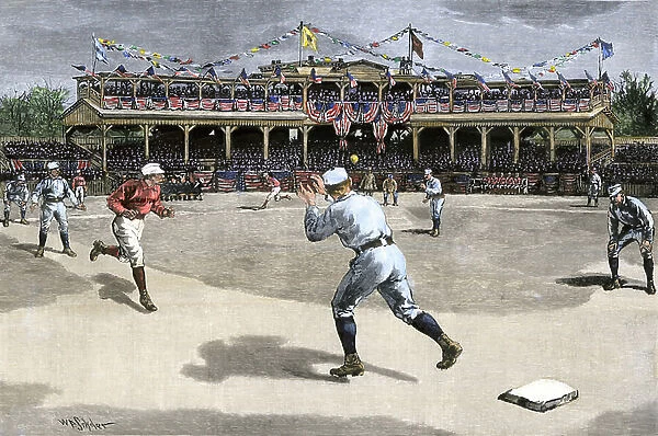 American sport: New York baseball team playing double game against Boston, 1886. 19th century color engraving