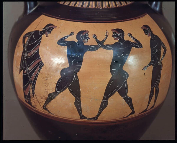Amphora with representation of fighters boxing, terracotta, 550-500 BC