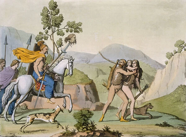 Ancient Celtic warriors on a foray encounter a couple out hunting, c. 1800-18 (coloured engraving)