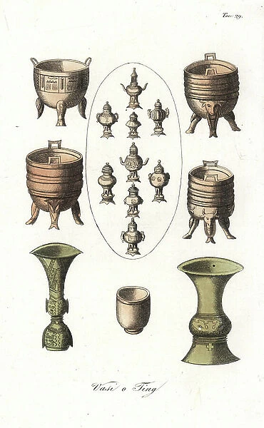 Ancient Chinese copper and bronze vases and bells. Handcoloured copperplate engraving from Giulio Ferrario's Ancient and Modern Costumes of all the Peoples of the World, 1843