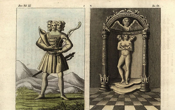 Ancient Germanic deities, Svetovid and Triglav (handcoloured copperplate engraving)