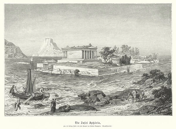 Ancient Greek temple of Athena Apaturia on the island of Sphairia (engraving)