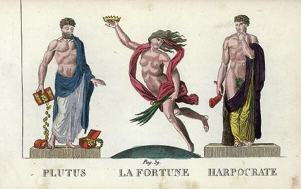 Ancient mythology: Ploutos, divinite of wealth and abundance, Fortuna, divinite of chance or luck and Harpocrates, divinite of silence - Eau forte by Jacques Louis Constant Lacerf, following an illustration by Leonard Defrance (1735-1805)
