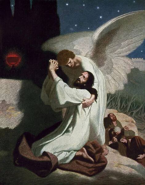 The angel giving Jesus strength during his Agony in the Garden of Gethsemane (colour litho)