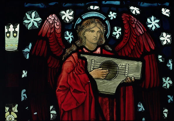Detail of the Angel Musician, made by William Morris and Co. 1882 (stained glass)