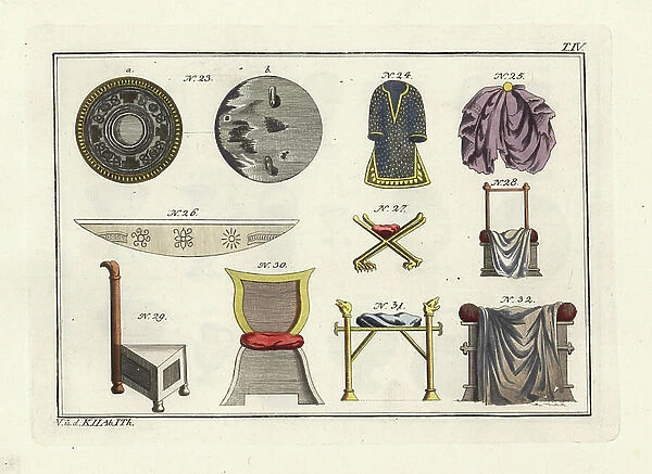 Anglo Saxon buckle 23, especially 24, cloak 25, embroidery 26, and thrones and chairs 27-32. Handcoloured copperplate engraving from Robert von Spalart's ' Historical Picture of the Costumes of the Principal People of Antiquity