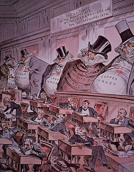 Anti-trust cartoon of bosses in Senate, 1889 (coloured engraving)