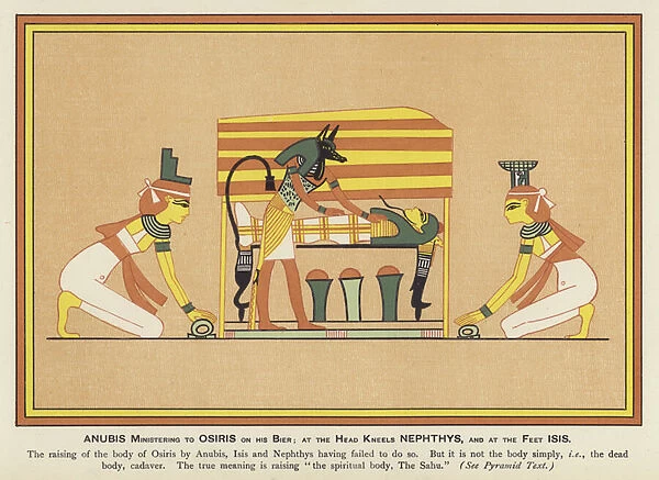 Anubis ministering to Osiris on his bier: at the head kneels Nephthys and at the feet Isis (colour litho)