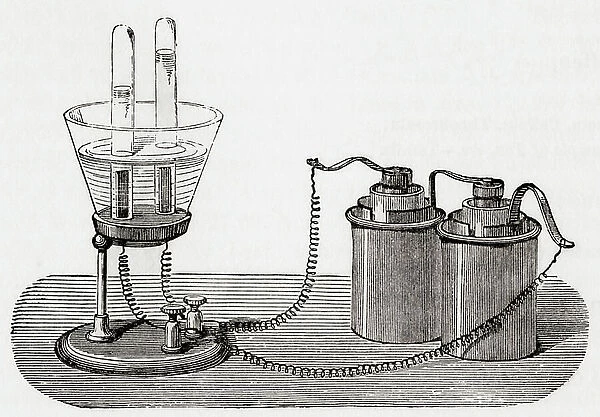 Apparatus for the decomposition of water aka water splitting, c.1898 (engraving)