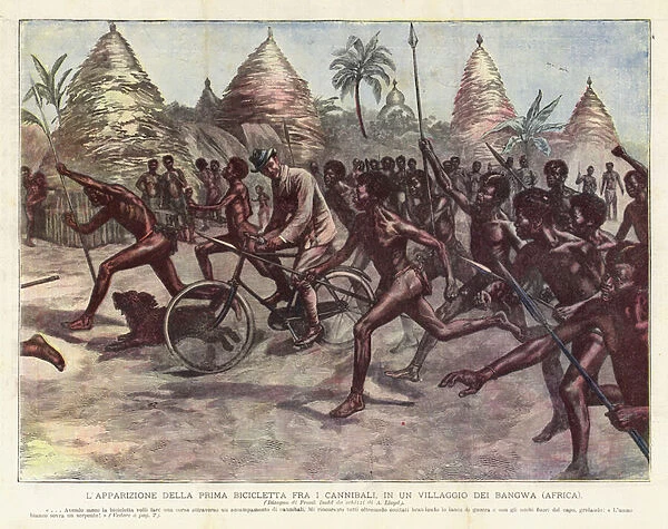 The Apparition Of The First Bicycle Among The Cannibals, In A Bangwa Village (Africa) (Colour Litho)