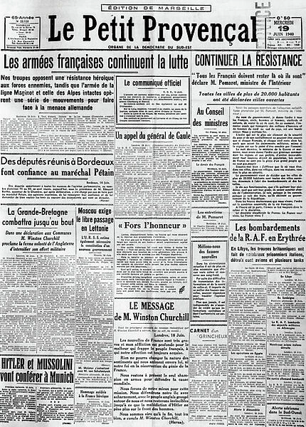 Appeal for Resistance, Front Page of Le Petit Provencal, 19th June 1940 (newsprint)