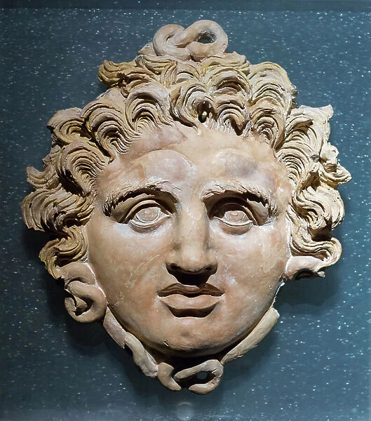 Applique of a Gorgon's head, 4th century BC circa, from Greece, terracotta, Eretria archeological museum, Greece