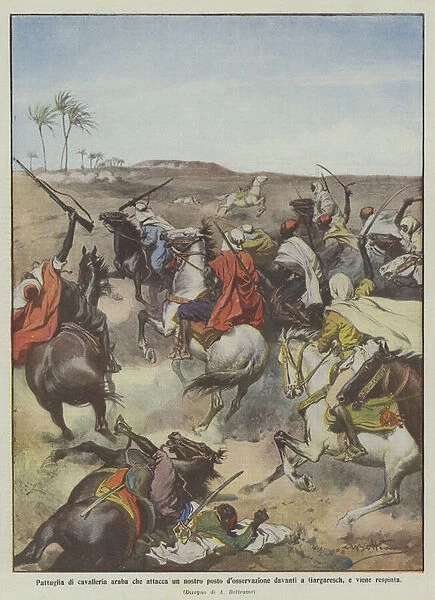 Arab cavalry patrol attacking our observation post in front of Gargaresch, and is rejected (colour litho)