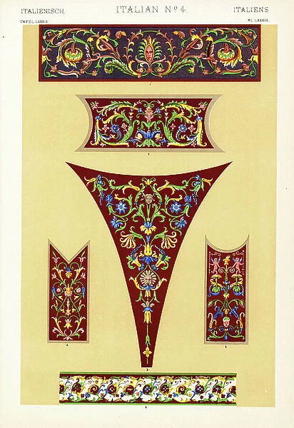 Arabesques painted in fresco on a full-coloured ground from the Palazzo del Te, Mantua, from designs by Giulio Romano. Chromolithograph by Francis Bedford from Owen Jones' The Grammar of Ornament, Quaritch, London, 1868