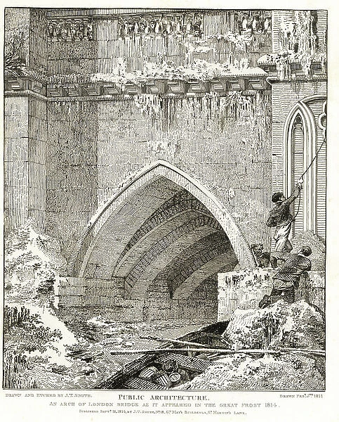 Arch of London Bridge as it appeared in the Great Frost of 1814. Two watermen whose boat has crashed into a groin are pulled to safety by rope. Copperplate engraving drawn and etched by John Thomas Smith from his Topography of London, 1814