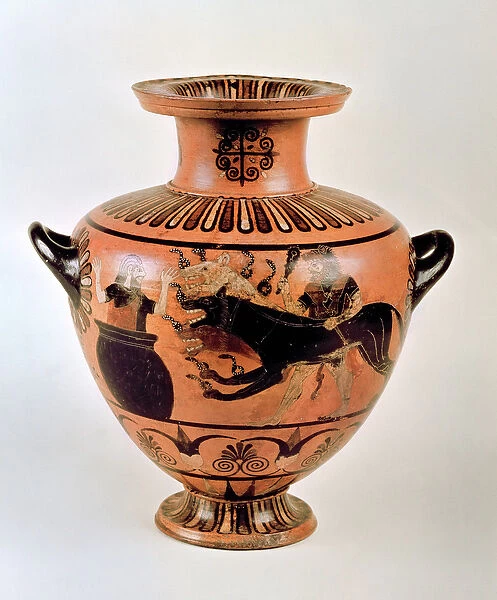 Archaic Ionian Hydria depicting Heracles Bringing Cerberus to Eurystheus, from Cerveteri
