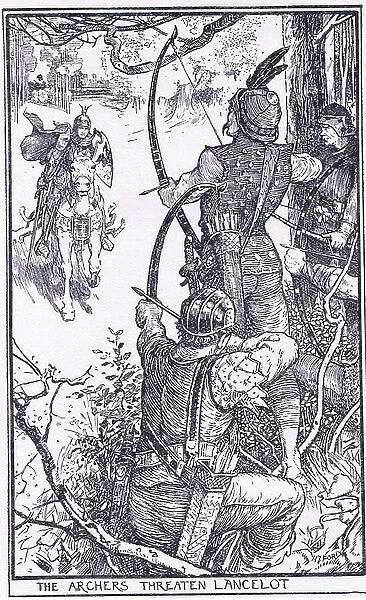 The Archers threaten Sir Lancelot, illustration from The Book of Romance published by Longmans Green and Co, 1919 (litho)