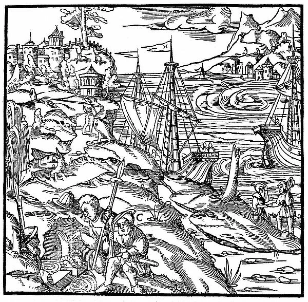 Argonauts finding the Golden Fleece, a fleece placed in a spring by the Colchians to collect alluvial gold dust. 1556 (woodcut from Agricola De Re Metallica, Basle)