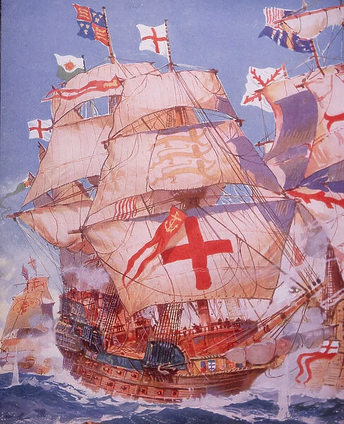 Ark Royal fighting Spanish Armada in 1588 (colour litho)