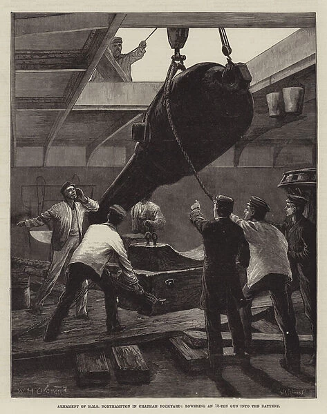 Armament of HMS Northampton in Chatham Dockyard, lowering an 18-Ton Gun into the Battery (engraving)