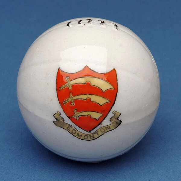 Armorial souvenir miniature football with transfer of the Edmonton crest (ceramic)