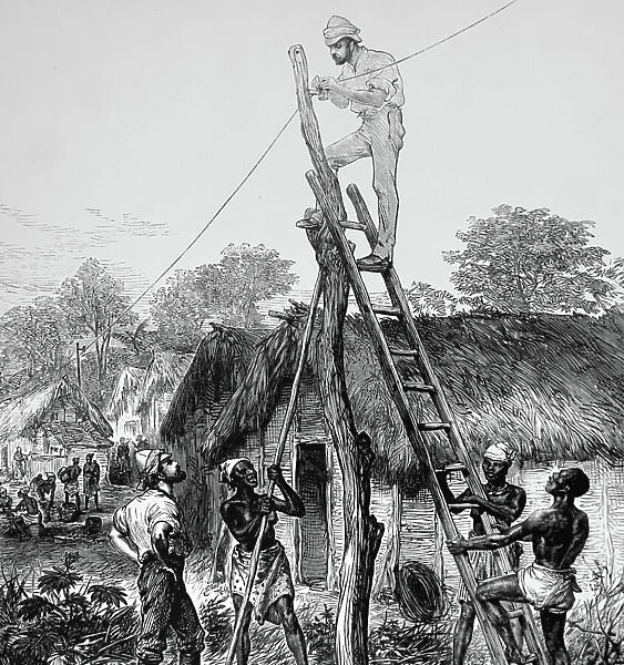Army engineers fixing telegraph wires near coomassie, 1874