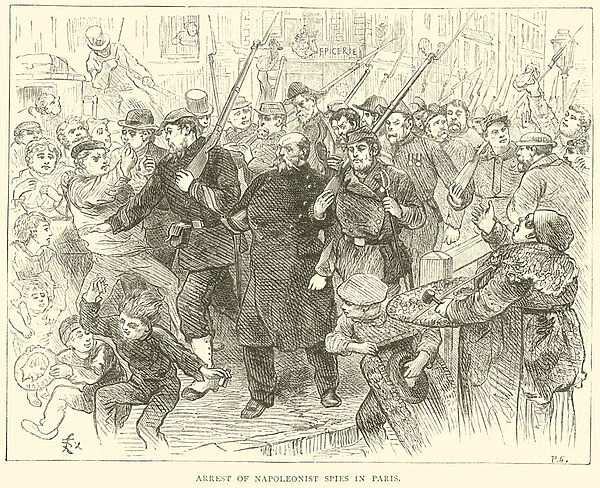 Arrest of Napoleonist spies in Paris, October 1870 (engraving)