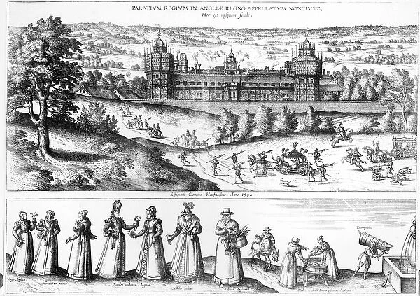 Arrival of Queen Elizabeth I at Nonesuch Palace and men and women from Tudor society