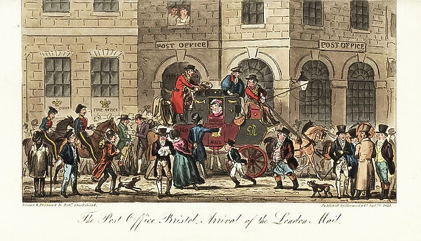 Arrival of the Royal Mail stage coach from London around 10AM at the Post Office, Bristol. Handcoloured copperplate drawn and engraved by Robert Cruikshank from The English Spy, London, 1825