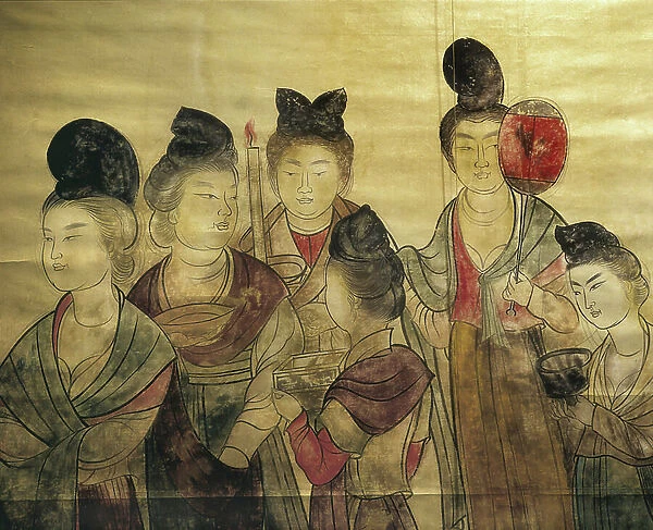 Art chinois, periode Han : Tombe de la Princesse Yongtai, detail montrant les servantes de la princesse. Fresque, 706Chine, Xian, Tombe de Li Xian Hui