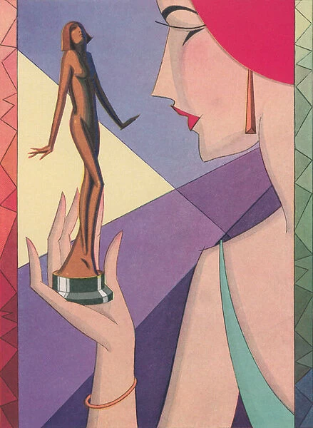 Art Deco Illustration of a Woman with a Golden Statuette, 1926 (screen print)