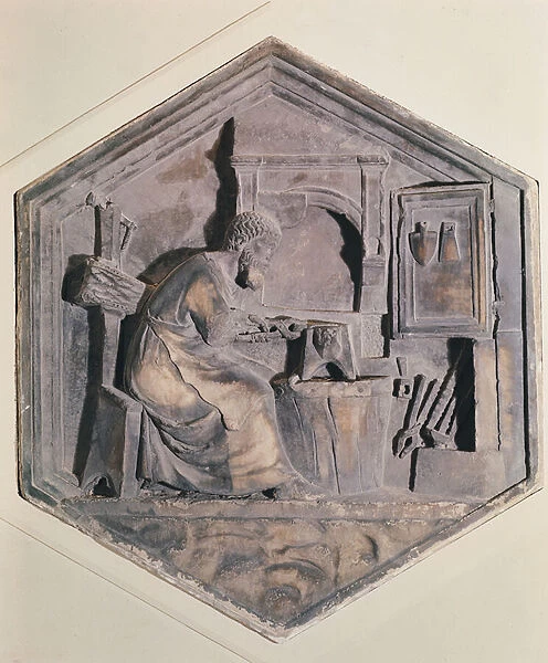 The Art of Forging, hexagonal decorative relief panels from a series depicting
