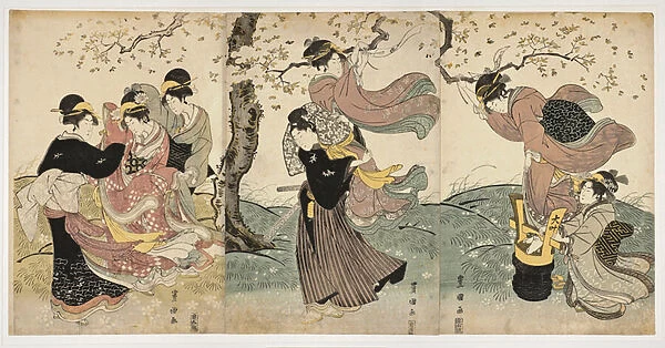 Art japonais: fleurs dans le vent (Flowers in the Wind) (scene avec des femmes et un homme, accrochant des banderoles dans les branches d un arbre) - Estampe de Utagawa Toyokuni (1769-1825) linogravure (37, 8x75, 9)