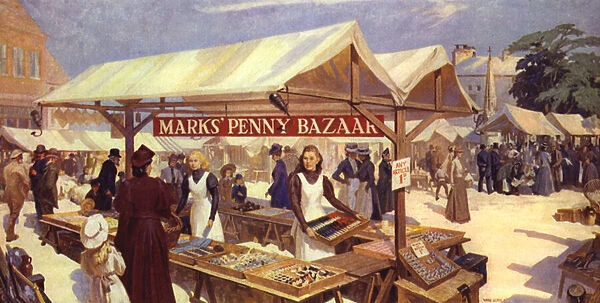 An Artists Impression of Marks Penny Bazaar originated in 1884 by Michael Marks, father of Sir Simon Marks (colour litho)