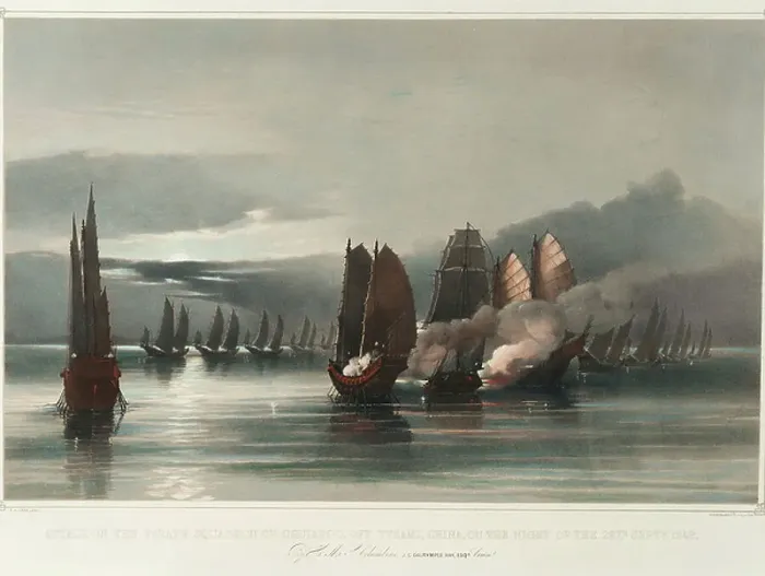 Framed Print : Attack on the Pirate Squadron Print, 1849 Framed Print : Attack on the Pirate Squadron Print, 1849