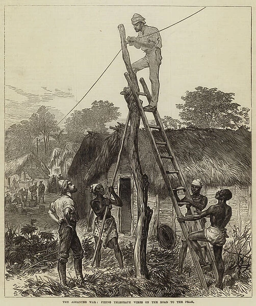 The Ashantee War, fixing Telegraph Wires on the Road to the Prah (engraving)