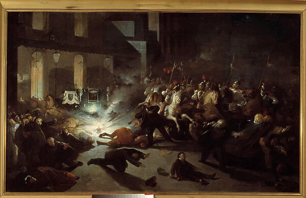 Assassination attempt on Napoleon III by Felice Orsini in Paris on January 14, 1858. Painted in 1862 by 'The bombing of Orsini on January 14, 1858'by H. Vittori Romano