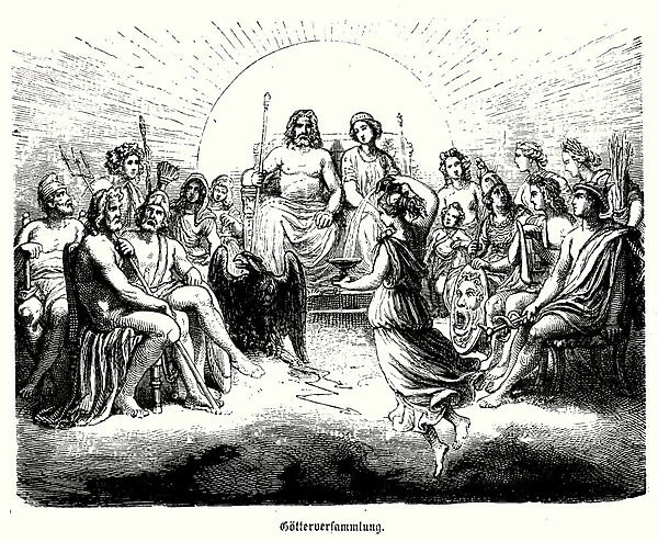 Assembly of the gods of ancient Greece (engraving)