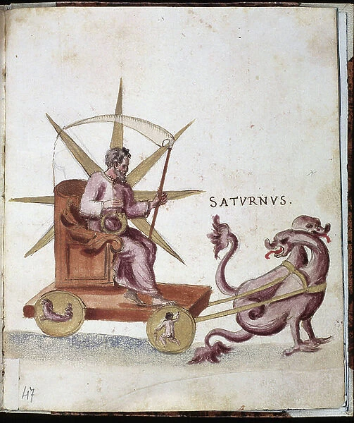 Astrology: representation of Saturn on a tank. Manuscript page of the Campori background. Biblioteca estense, Modene, Italy